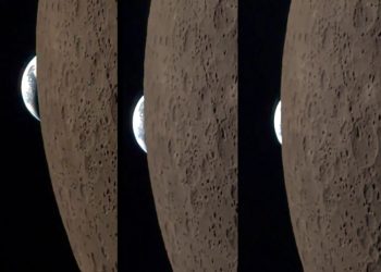 Amazing view of Earth rising from behind the moon