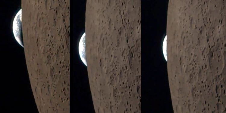 Amazing view of Earth rising from behind the moon