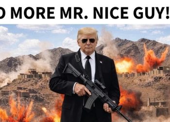 Black glasses, modern guns and exploding bombs, Trump's threatening image