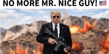 Black glasses, modern guns and exploding bombs, Trump's threatening image