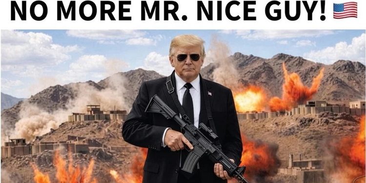 Black glasses, modern guns and exploding bombs, Trump's threatening image