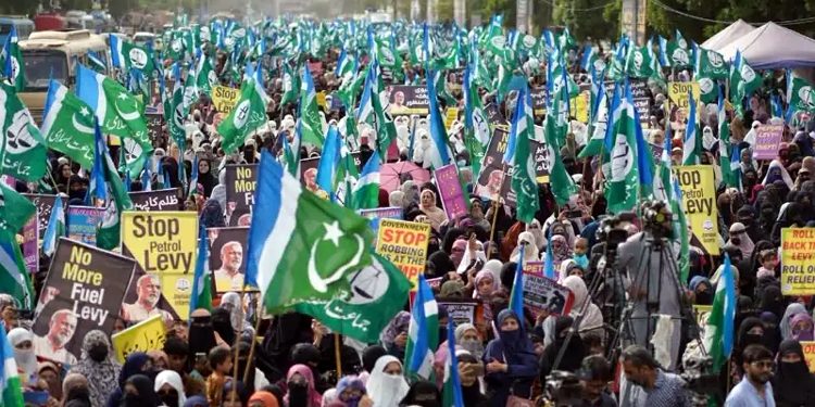 Jamaat-e-Islami's sit-in against the petroleum levy and inflation continues for the 16th day.