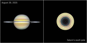 Mysterious atmospheric wave spanning 10 zones discovered at Saturn's south pole.