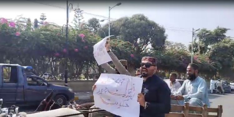 PTI members stage a unique protest against petrol prices, arriving at the Sindh Assembly on donkey carts.