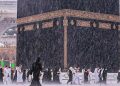 Rain of mercy in Makkah Al-Mukarramah; Umrah pilgrims continued performing Tawaf amidst the rain.