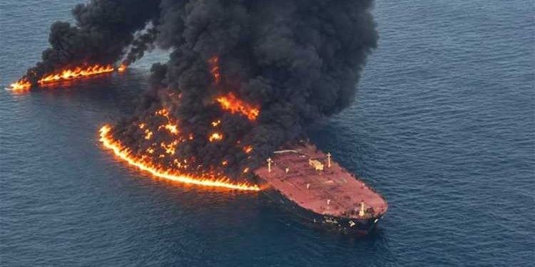 An oil supertanker caught fire after striking a mine in the Strait of Hormuz.